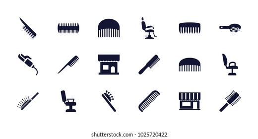 Comb icons. set of 18 editable filled comb icons: comb, hair brush, beauty salon, barber chair