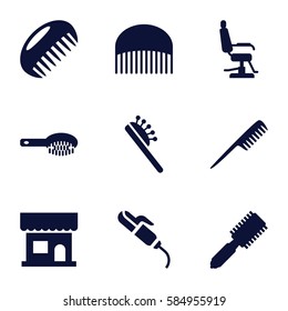 comb icons set. Set of 9 comb filled icons such as comb, hair brush, beauty salon, barber chair