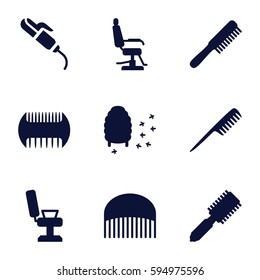 comb icons set. Set of 9 comb filled icons such as comb, hair brush, barber chair, hair curler