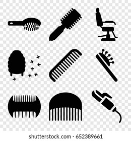 Comb icons set. set of 9 comb filled icons such as comb, hair brush, barber chair, hair curler