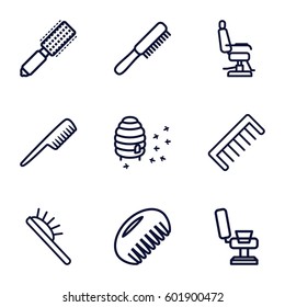 comb icons set. Set of 9 comb outline icons such as comb, hair brush, barber chair