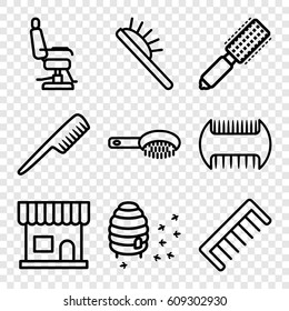Comb icons set. set of 9 comb outline icons such as comb, hair brush, beauty salon, barber chair