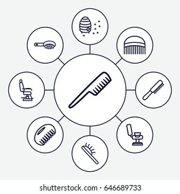 Comb icons set. set of 9 comb outline icons such as comb, hair brush, barber chair