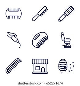 Comb icons set. set of 9 comb outline icons such as comb, hair brush, beauty salon, barber chair, hair curler