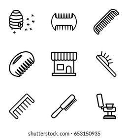 Comb icons set. set of 9 comb outline icons such as comb, beauty salon, barber chair, hair brush