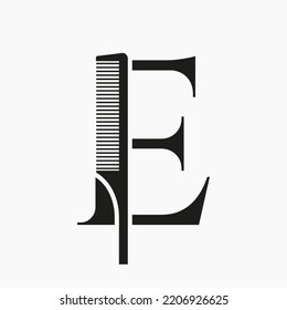 Comb Logo On Letter E For Beauty, Spa, Hair Care, Haircut Grooming Symbol