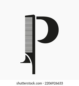 Comb Logo On Letter P For Beauty, Spa, Hair Care, Haircut Grooming Symbol