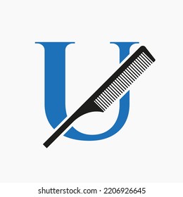 Comb Logo On Letter U For Beauty, Spa, Hair Care, Haircut Grooming Symbol