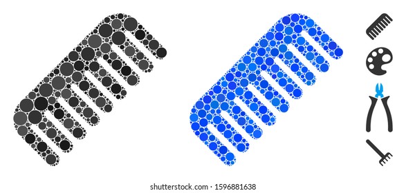 Comb mosaic of small circles in various sizes and shades, based on comb icon. Vector small circles are united into blue mosaic. Dotted comb icon in usual and blue versions.