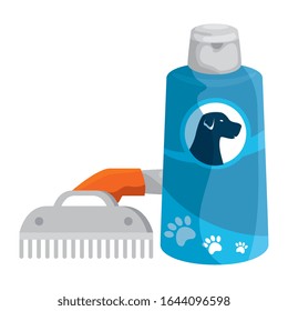 mascota de peine con botella de cuidado de perro aislado icono ilustración vectorial diseño