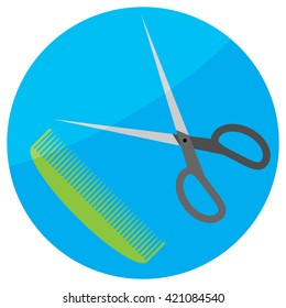 Comb and scissor icon. Scissor hair icon for barber salon or shop, comb style tool care. Vector flat design illustration