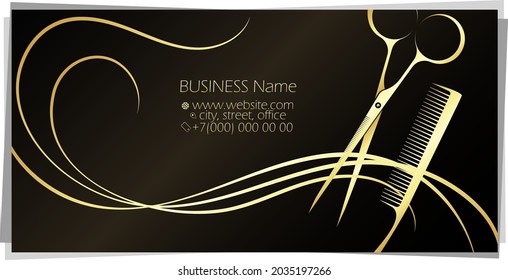 Comb scissors and beautiful curls of hair, golden business card concept