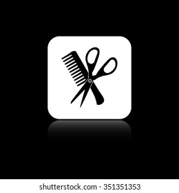 Comb and scissors - black vector icon on the white button