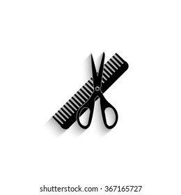 Comb and scissors - black vector icon  with shadow