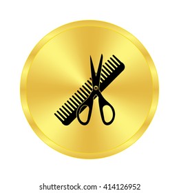 Comb and scissors - black vector icon;  golden button