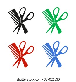 Comb and scissors - color vector icon