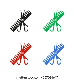 Comb and scissors - color vector icon