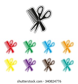 Comb and scissors - color vector icon