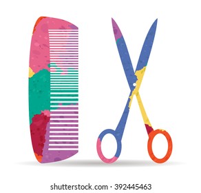 comb and scissors drawn painted icon vector