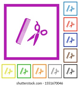 Comb and scissors flat color icons in square frames on white background