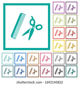 Comb and scissors flat color icons with quadrant frames on white background