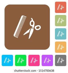 Comb and scissors flat icons on rounded square vivid color backgrounds.
