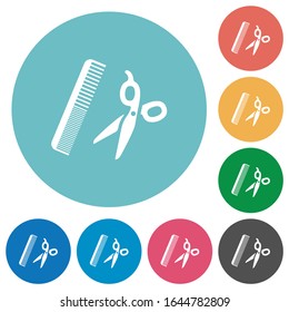 Comb and scissors flat white icons on round color backgrounds