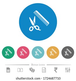 Comb and scissors flat white icons on round color backgrounds. 6 bonus icons included.