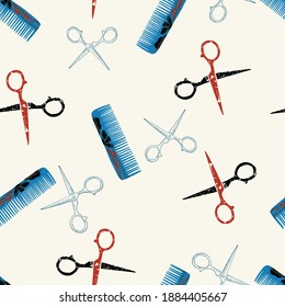 Comb and Scissors Hair Cutting Vector Seamless Pattern