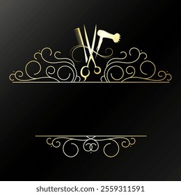 Comb, scissors, hair dryer hair salon sign. Golden symbol signboard frame beauty salon