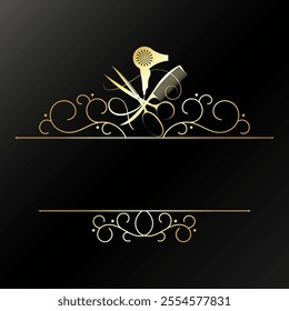 Comb, scissors, hair dryer sign with swirl pattern. Golden symbol signboard frame beauty salon