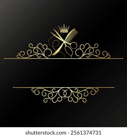 Comb, scissors, hair dryer sign with crown. Golden symbol signboard frame beauty salon