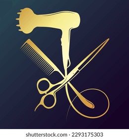 Comb scissors and hair dryer silhouette. Gold symbol for hair stylist and beauty salon