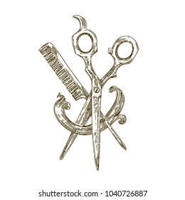 Comb and scissors with hair strand. Engraving style. Vector illustration.