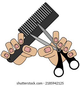 Comb and scissors in hand. Isolated on white background in cartoon style in vector graphic