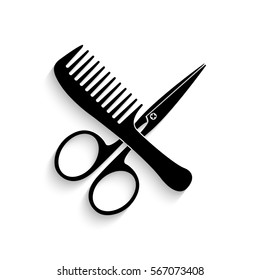 Comb and scissors icon - black vector illustration with  shadow