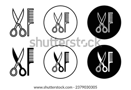 Comb and scissors icon. Hairdressing barber shop tool accessory symbol set. Hair cut with comb and scissor vector sign. hairstyle grooming in salon line logo. 
