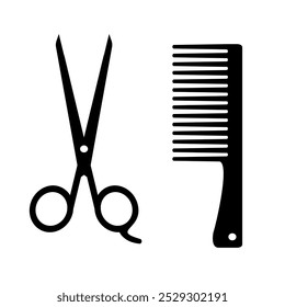 Peine y tijeras icono silueta. Tijeras y cepillo de pelo aislado sobre fondo blanco. Símbolos de la barbería. Ilustración vectorial imprimible o digital propósito business