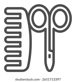 Ícone de linha de pente e tesoura, conceito de salão de barbeiro. Gráficos vetoriais. Tesoura com pente de cabelo, sinal de mudança de penteado no fundo branco, ícone de estilo de contorno para design móvel ou web