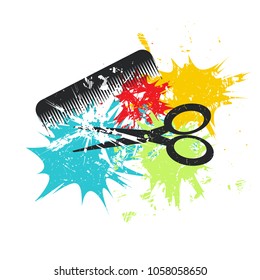 Comb and scissors on white background with color spots. Grunge vector illustration