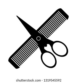 Comb and scissors on a white background in black color