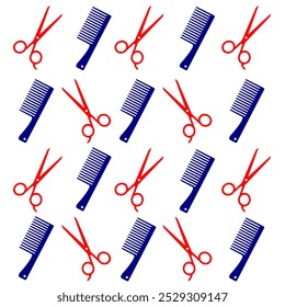 Peine y tijeras patrón silueta rojo y azul. Tijeras y cepillo de pelo aislado sobre fondo blanco. Patrón de barbería. Ilustración vectorial imprimible o propósito digital a los negocios