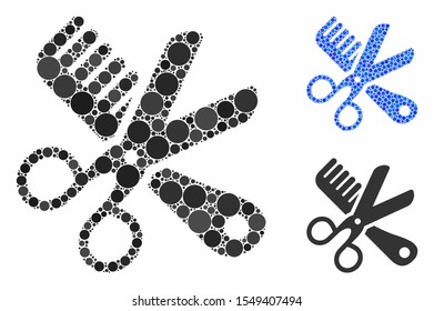 Comb and scissors tools composition of circle elements in variable sizes and shades, based on comb and scissors tools icon. Vector round elements are grouped into blue mosaic.