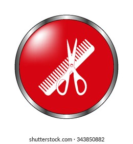 Comb and scissors - vector icon on the  red button