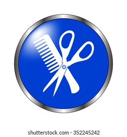 Comb and scissors - vector icon on the blue button