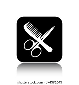 comb and scissors vector icon on black button with reflection