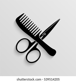 Comb and scissors vector icon with  shadow