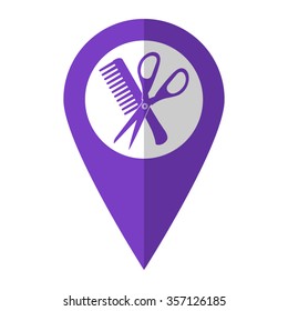 Comb and scissors - vector icon;  violet map pointer