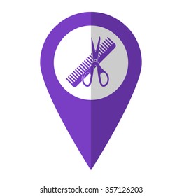 Comb and scissors - vector icon;  violet map pointer