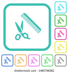 Comb and scissors vivid colored flat icons in curved borders on white background
